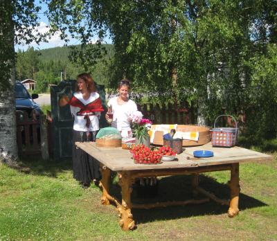 Här blir vi bjudna på rosa bubbel och söta jordgubbar ute i Hälsingebygden ...